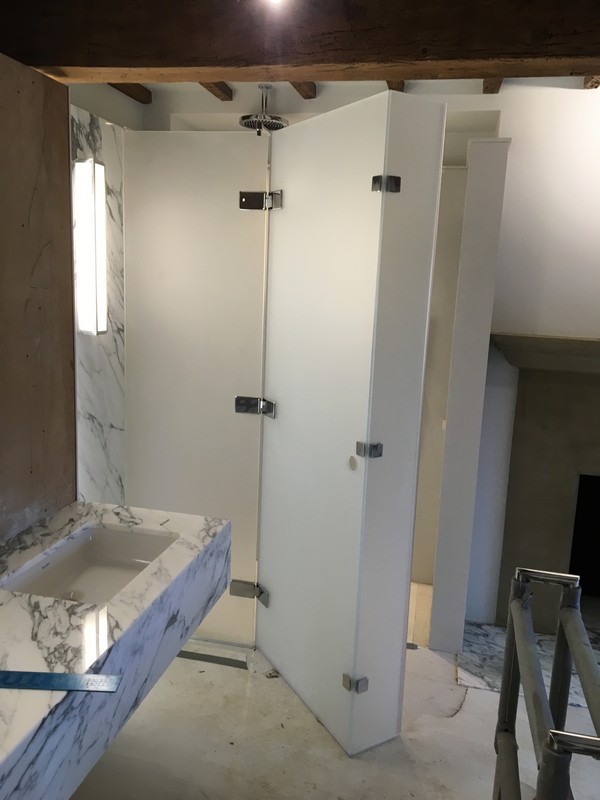 Bespoke frosted glass shower enclosure in Morden luxury bathroom
